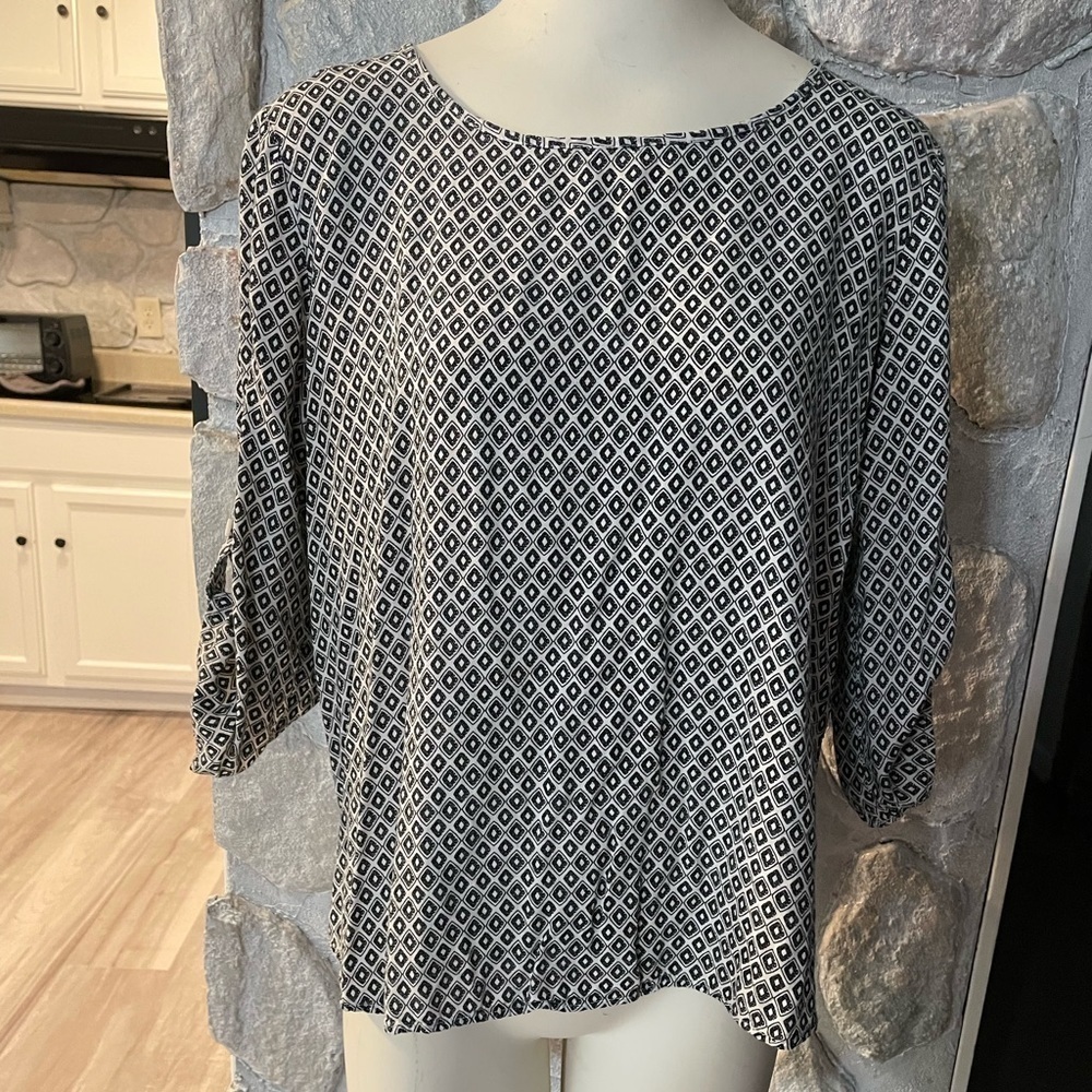 Pink Republic White & Black Geometric Scoop Neck Quarter Length Sleeve Blouse XL